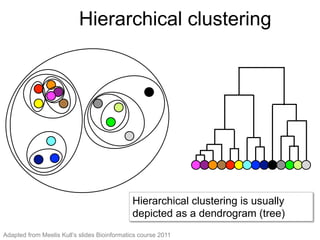 Hierarchical clusteringHierarchical clustering
Hierarchical clustering is usually
depicted as a dendrogram (tree)
Hierarchical clustering is usually
depicted as a dendrogram (tree)
Adapted from Meelis Kull’s slides Bioinformatics course 2011
 