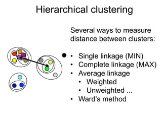 Hierarchical clustering (10)
Several ways to measure distance
between clusters:
• Single linkage (MIN)
• Complete linkage (MAX)
• Average linkage
• Weighted
• Unweighted
• ...
Several ways to measure
distance between clusters:
•  Single linkage (MIN)
•  Complete linkage (MAX)
•  Average linkage
•  Weighted
•  Unweighted ...
•  Ward’s method
Hierarchical clustering
 