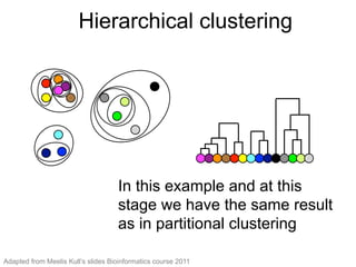 Hierarchical clustering (11)
In this example and at this stage
we have the same result as in
partitional clustering
In this example and at this
stage we have the same result
as in partitional clustering
Hierarchical clustering
Adapted from Meelis Kull’s slides Bioinformatics course 2011
 