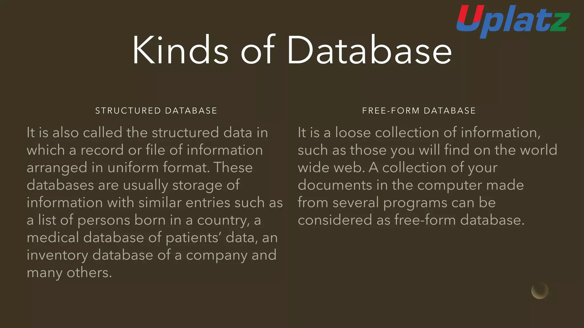 Kinds of Database
STRUCTURED DATABASE FREE-FORM DATABASE
 