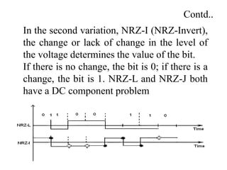 Contd..
In the second variation, NRZ-I (NRZ-Invert),
the change or lack of change in the level of
the voltage determines the value of the bit.
If there is no change, the bit is 0; if there is a
change, the bit is 1. NRZ-L and NRZ-J both
have a DC component problem
 