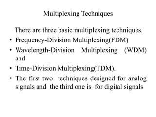 Multiplexing Techniques
There are three basic multiplexing techniques.
• Frequency-Division Multiplexing(FDM)
• Wavelength-Division Multiplexing (WDM)
and
• Time-Division Multiplexing(TDM).
• The first two techniques designed for analog
signals and the third one is for digital signals
 