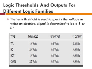 Logic Thresholds And Outputs For
Different Logic Families
    The term threshold is used to specify the voltage in
     which an electrical signal is determined to be a 1 or
     0”
 