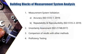 Building Blocks of Measurement System Analysis
1. Measurement System Validation
a) Accuracy (ISO 5725-1: 2019)
b) Repeatability & Reproducibility (ISO 5725-2: 2019)
2. Uncertainty Assessment (ISO 21748:2017)
3. Comparison of results with other methods
4. Proficiency Testing
 