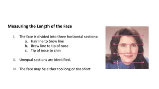 Measuring the Length of the Face
I. The face is divided into three horizontal sections:
a. Hairline to brow line
b. Brow line to tip of nose
c. Tip of nose to chin
II. Unequal sections are identified.
III. The face may be either too long or too short
 