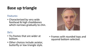 Base up triangle
Features:
• Characterized by very wide
forehead & high cheekbones
which narrows gradually to chin.
Do’s:
• Try frames that are wider at
bottom.
• Other choices include aviator,
butterfly or low triangle style.
• Frames with rounded tops and
squared bottom selected.
 