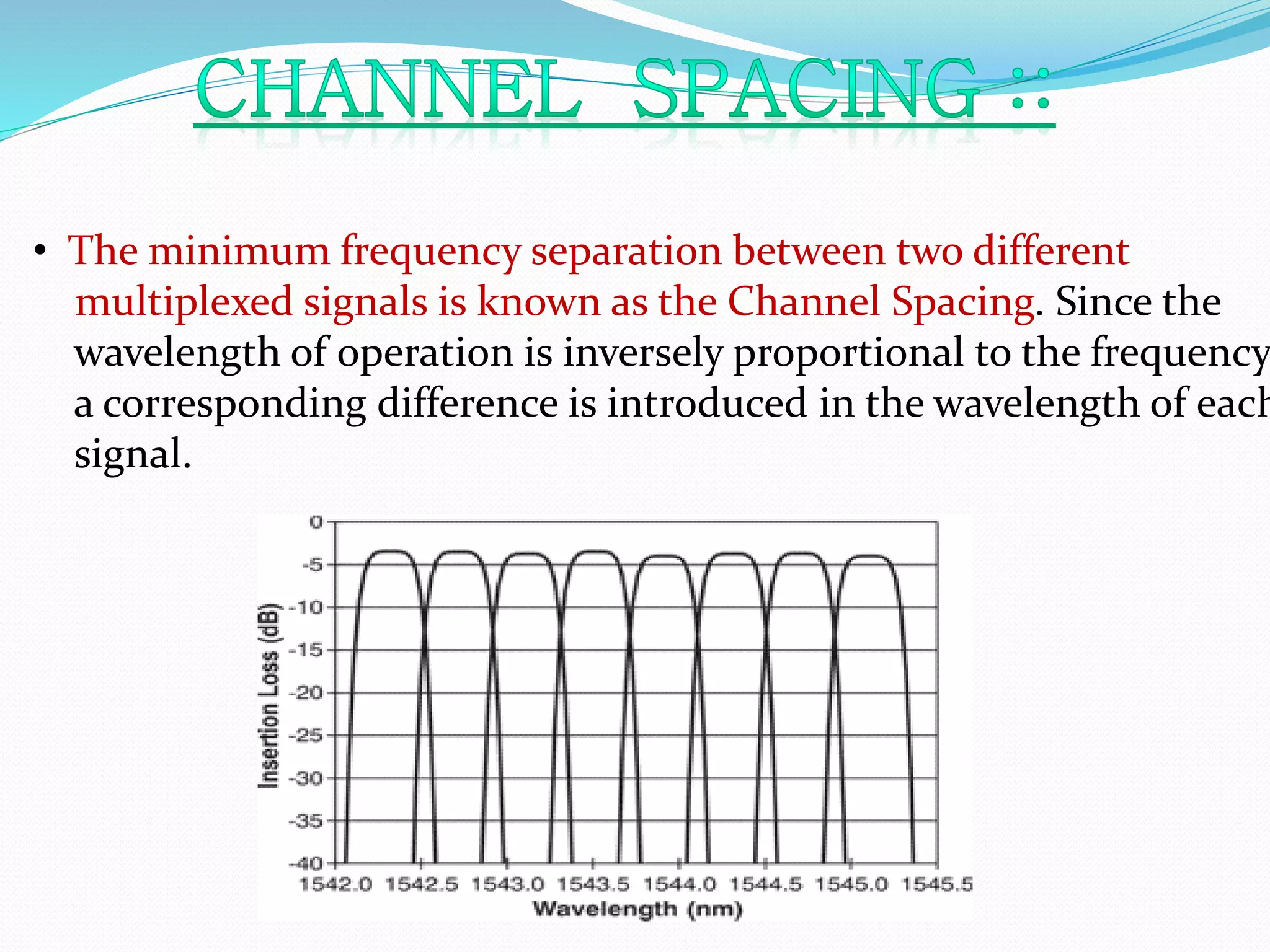 • The minimum frequency separation between two different
multiplexed signals is known as the Channel Spacing. Since the
wavelength of operation is inversely proportional to the frequency,
a corresponding difference is introduced in the wavelength of each
signal.
 