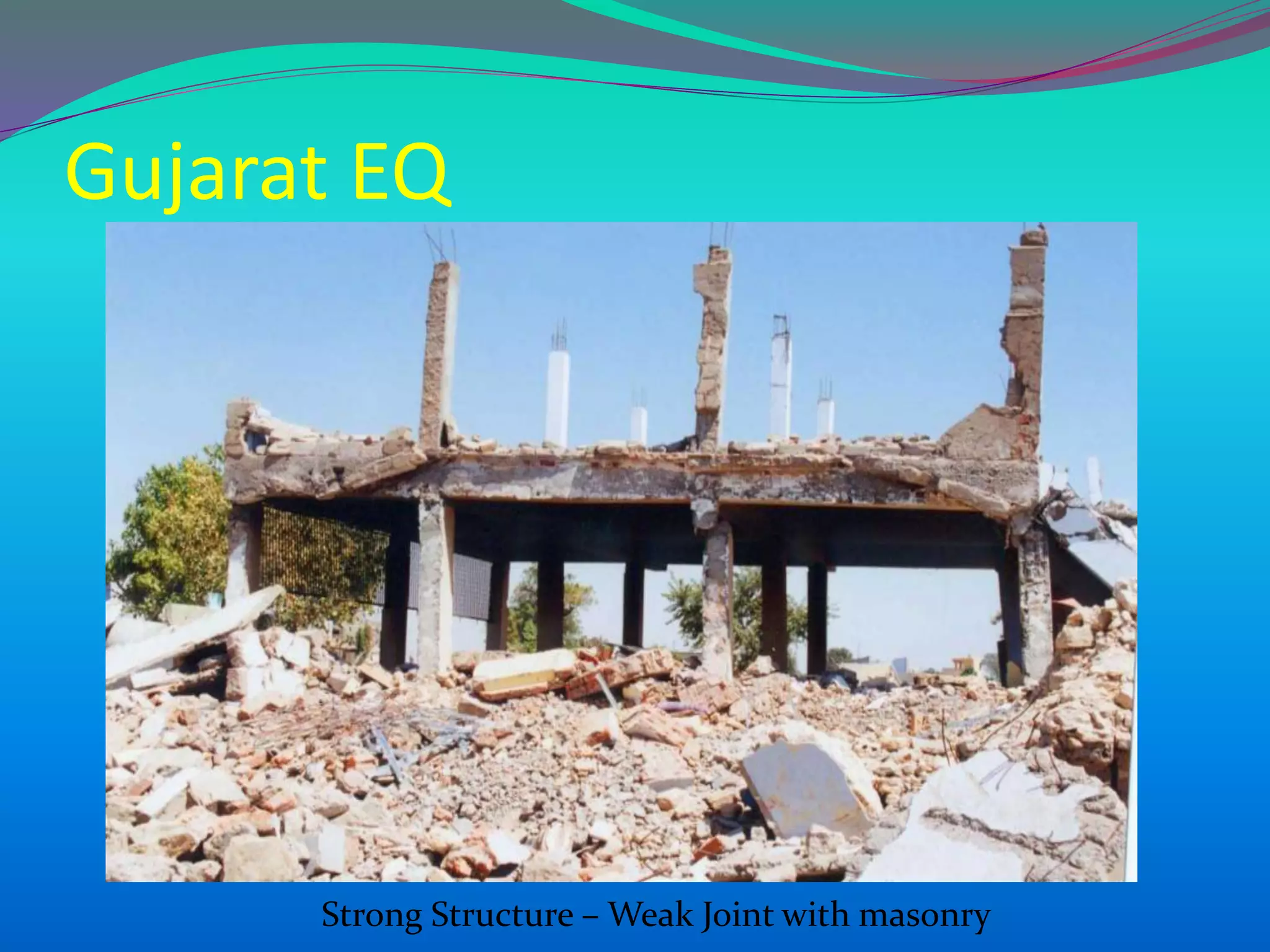 Gujarat EQ
Strong Structure – Weak Joint with masonry
 