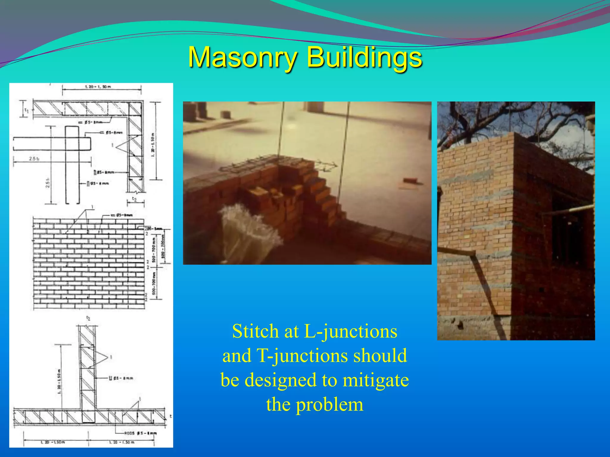 Stitch at L-junctions
and T-junctions should
be designed to mitigate
the problem
Masonry Buildings
 