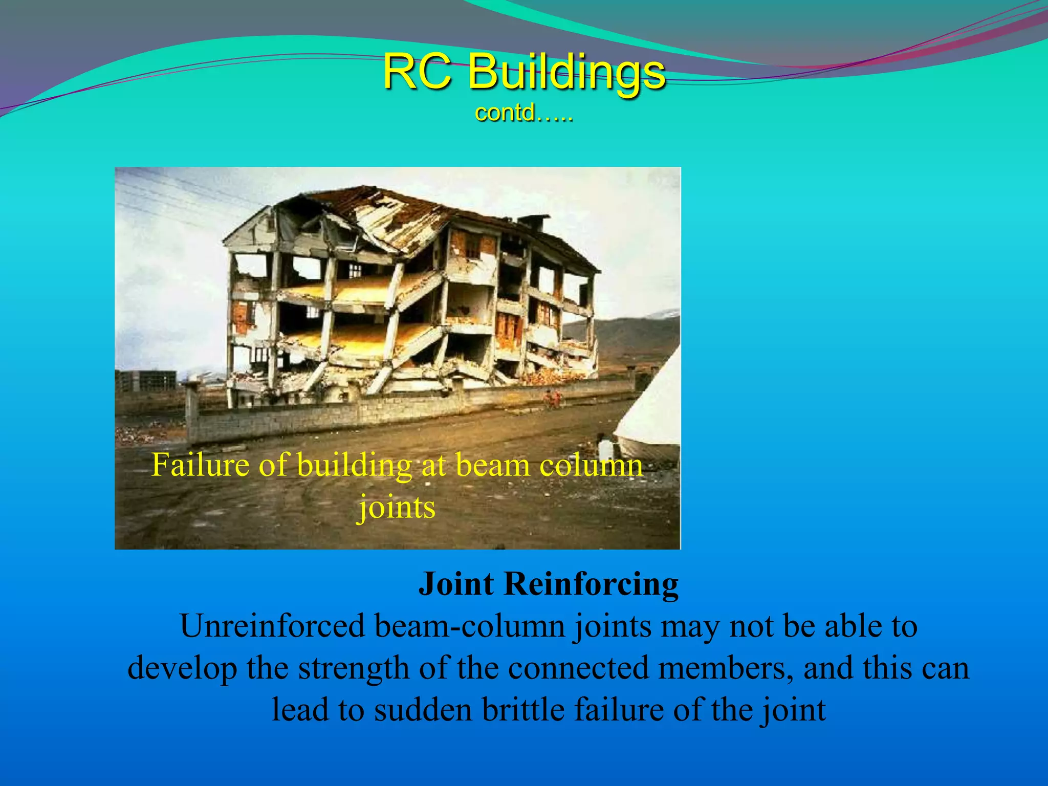 RC Buildings
contd…..
Failure of building at beam column
joints
Joint Reinforcing
Unreinforced beam-column joints may not be able to
develop the strength of the connected members, and this can
lead to sudden brittle failure of the joint
 