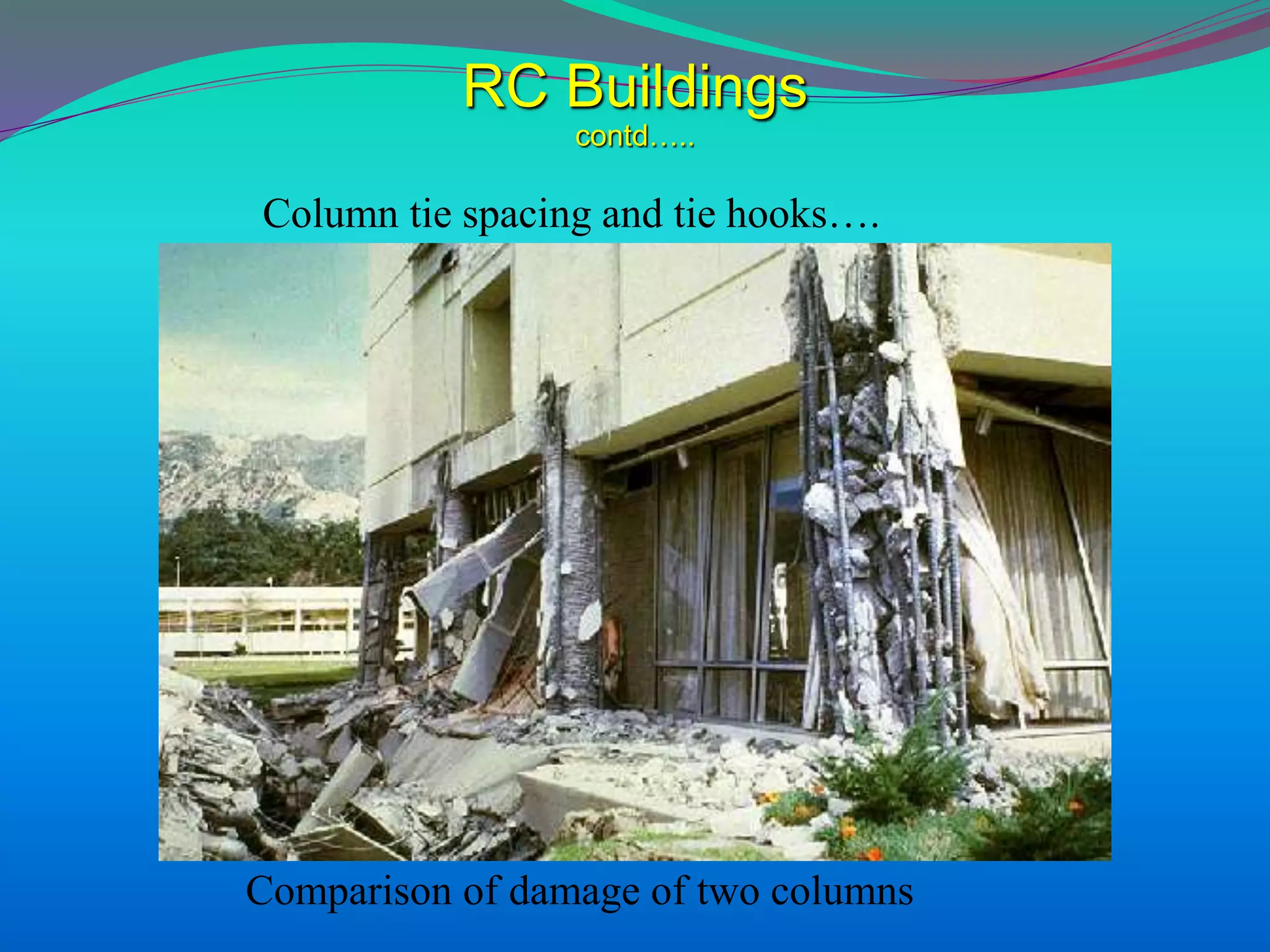 RC Buildings
contd…..
Column tie spacing and tie hooks….
Comparison of damage of two columns
 