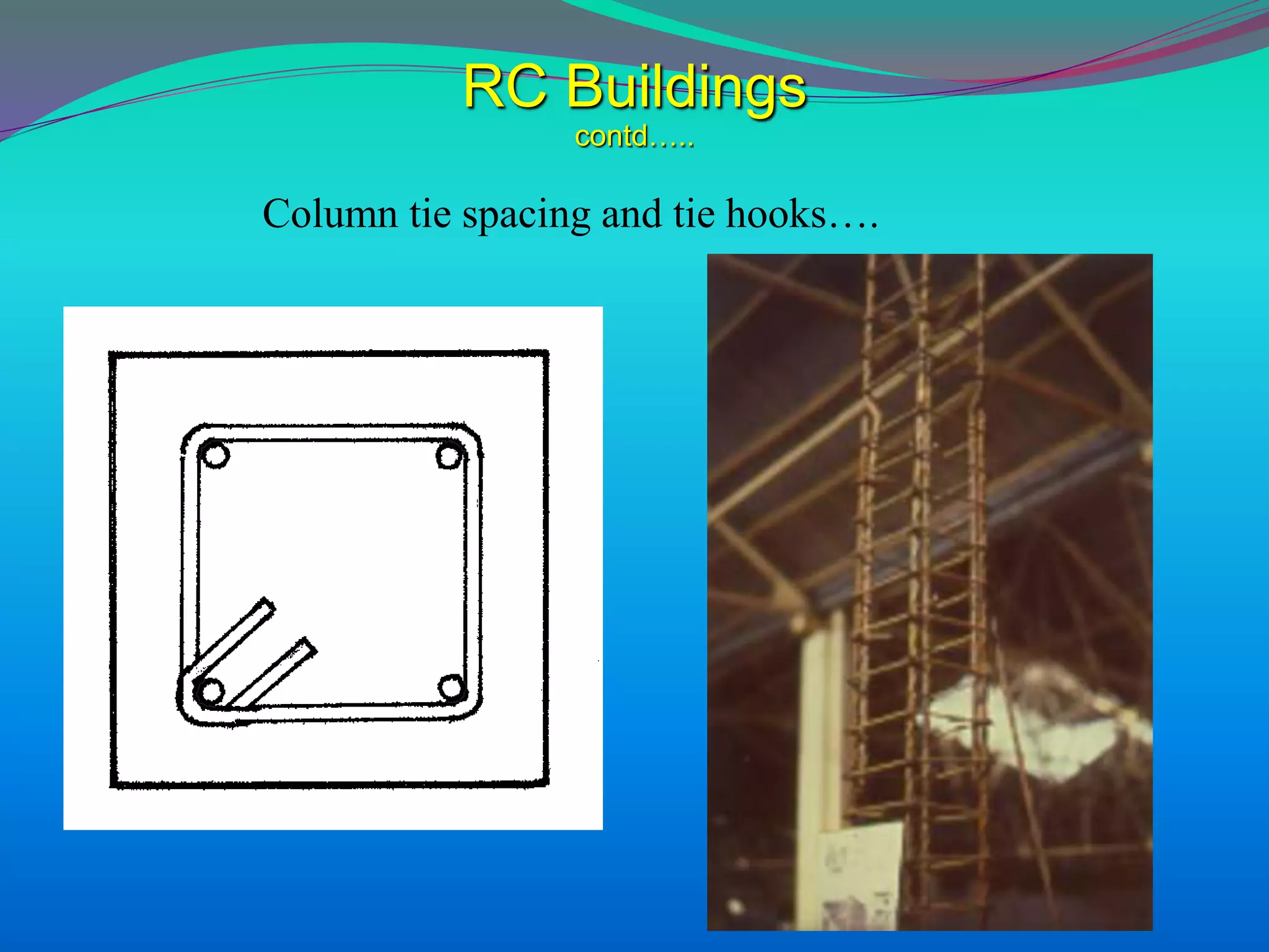 RC Buildings
contd…..
Column tie spacing and tie hooks….
 