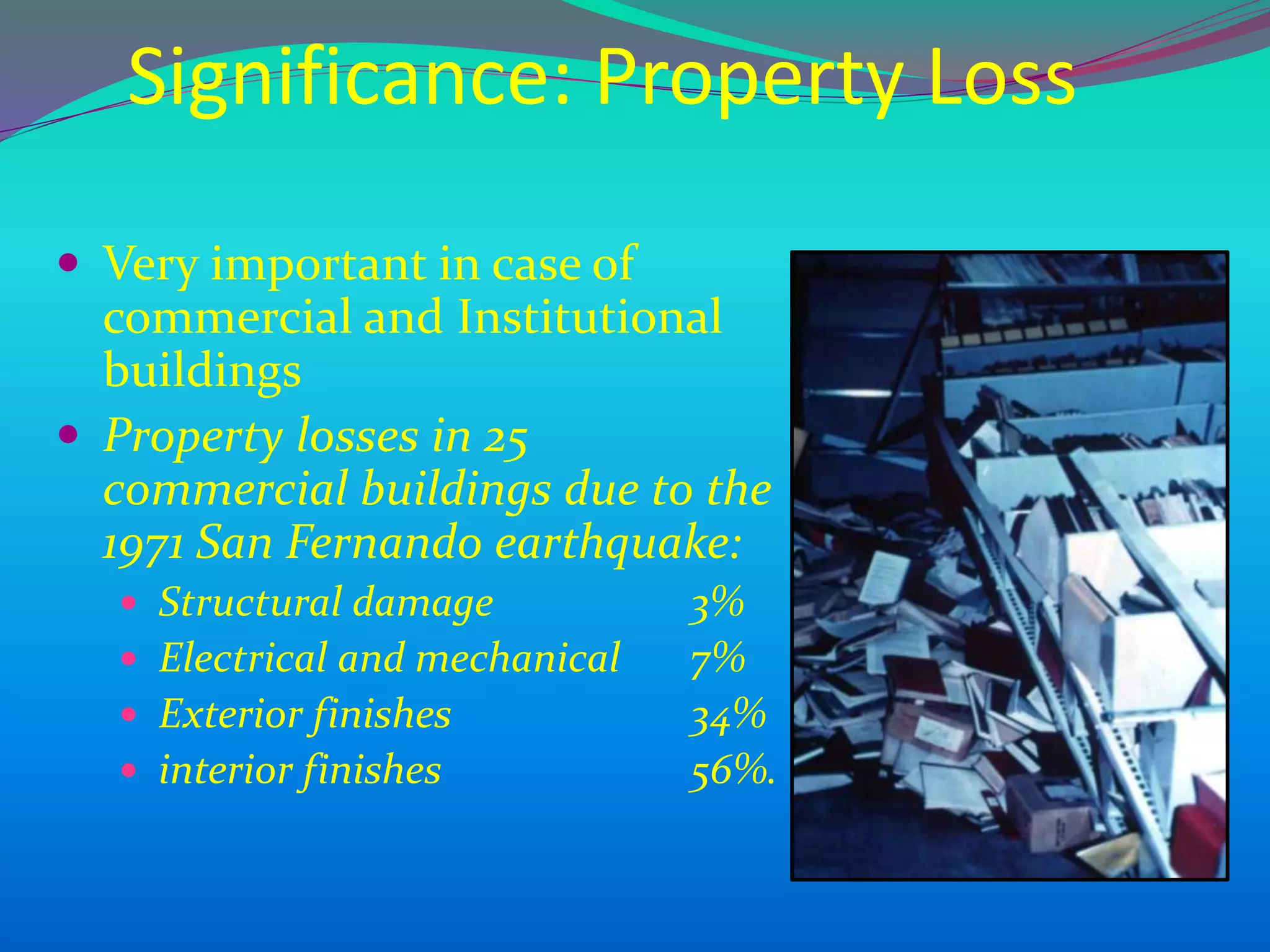 Significance: Property Loss
 Very important in case of
commercial and Institutional
buildings
 Property losses in 25
commercial buildings due to the
1971 San Fernando earthquake:
 Structural damage 3%
 Electrical and mechanical 7%
 Exterior finishes 34%
 interior finishes 56%.
 
