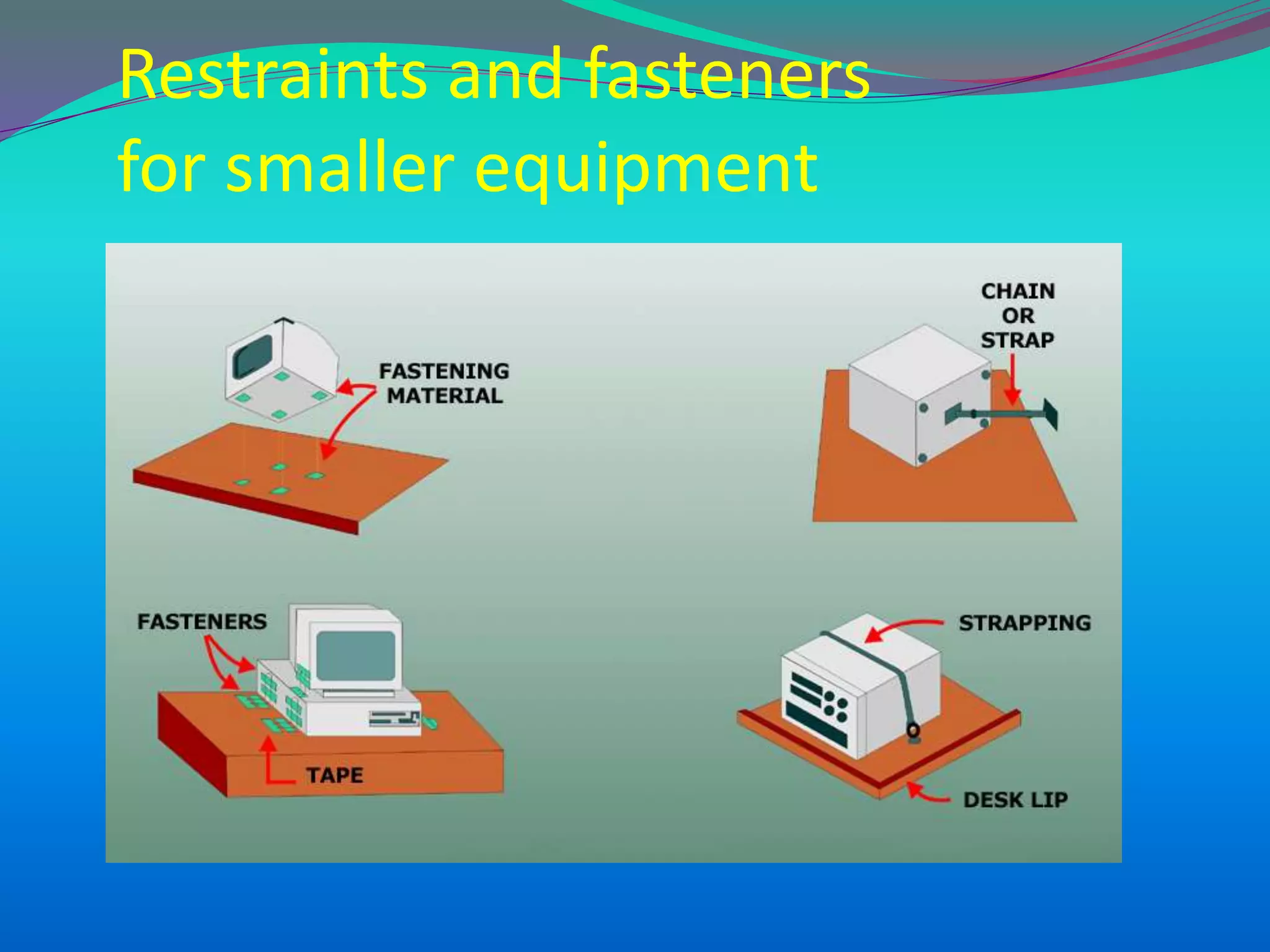 Restraints and fasteners
for smaller equipment
 