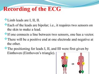 Recording of the ECG
Limb leads are I, II, II.
Each of the leads are bipolar; i.e., it requires two sensors on
the skin to make a lead.
If one connects a line between two sensors, one has a vector.
There will be a positive end at one electrode and negative at
the other.
The positioning for leads I, II, and III were first given by
Einthoven (Einthoven’s triangle).
 