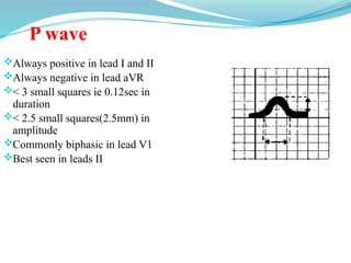 P wave
Always positive in lead I and II
Always negative in lead aVR
< 3 small squares ie 0.12sec in
duration
< 2.5 small squares(2.5mm) in
amplitude
Commonly biphasic in lead V1
Best seen in leads II
 
