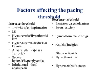 Factors affecting the pacing
threshold
Increase threshold
• 1-4 wks after implantation
• MI
• Hypothermia/Hypothyroid
ism
• Hyperkalaemia/acidosis/al
kalosis
• Antiarrhythmics(class
1a,1b,1c)
• Severe
hypoxia/hyperglycemia
• Inhalational –local
anaesthesia
Decrease threshold
• Increases catecholamines
• Stress, anxiety
• Sympathomimetic drugs
• Anticholinergics
• Glucocorticoids
• Hyperthyroidism
• Hypermetabolic status
 