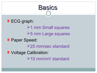 BasicsBasics
ECG graph:
1 mm Small squares
5 mm Large squares
Paper Speed:
25 mm/sec standard
Voltage Calibration:
10 mm/mV standard
 