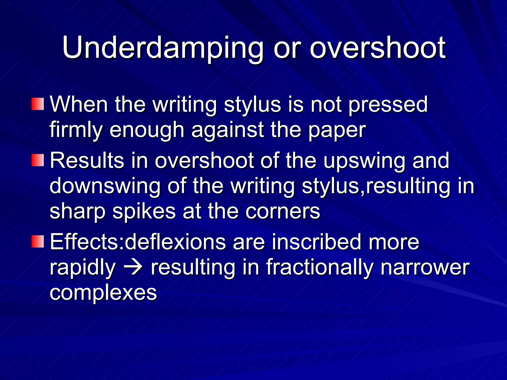Underdamping or overshoot When the writing stylus is not pressed firmly enough against the paper Results in overshoot of the upswing and downswing of the writing stylus,resulting in sharp spikes at the corners Effects:deflexions are inscribed more rapidly    resulting in fractionally narrower complexes 