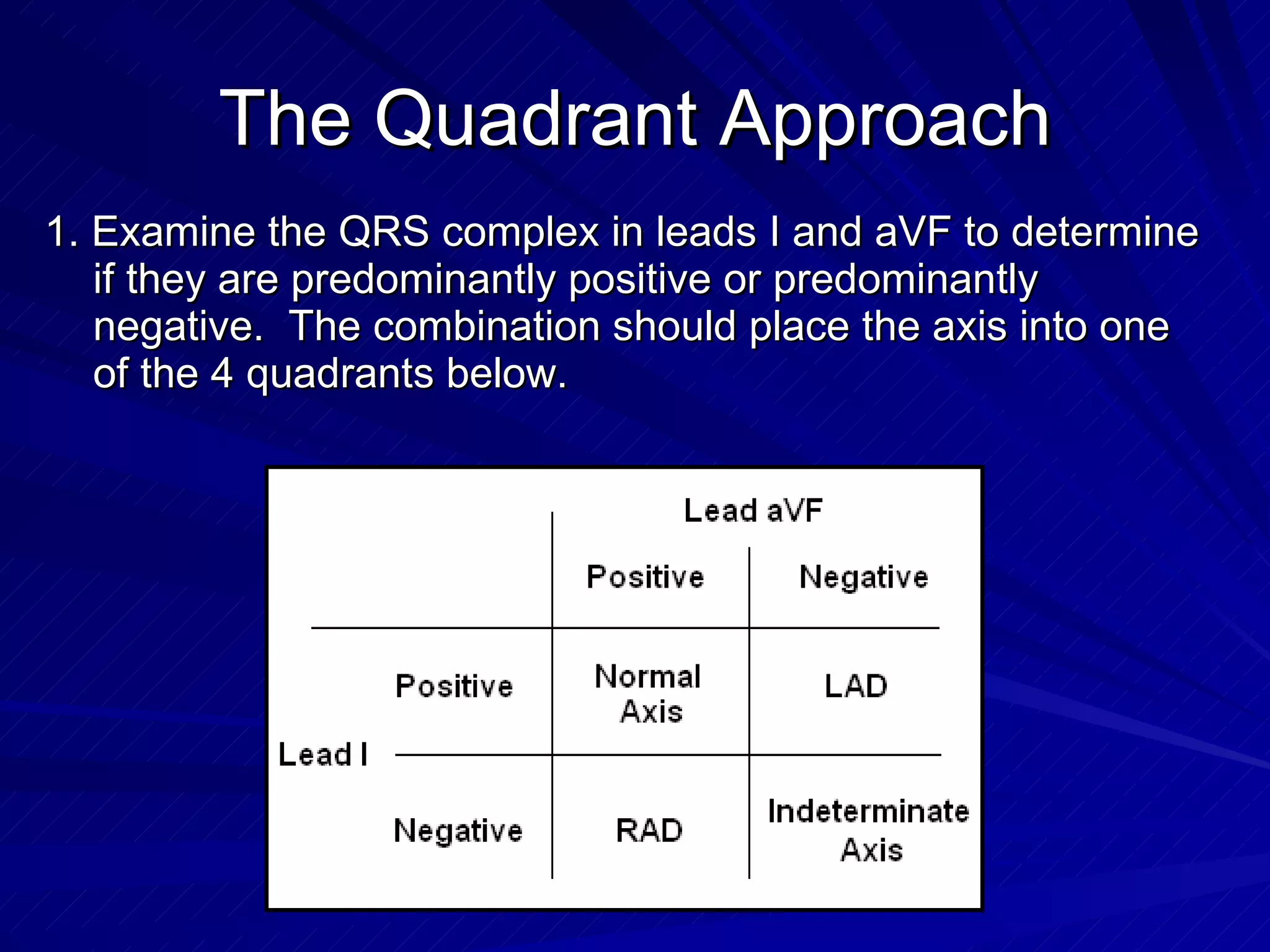 The Quadrant Approach 1. Examine the QRS complex in leads I and aVF to determine if they are predominantly positive or predominantly negative.  The combination should place the axis into one of the 4 quadrants below. 
