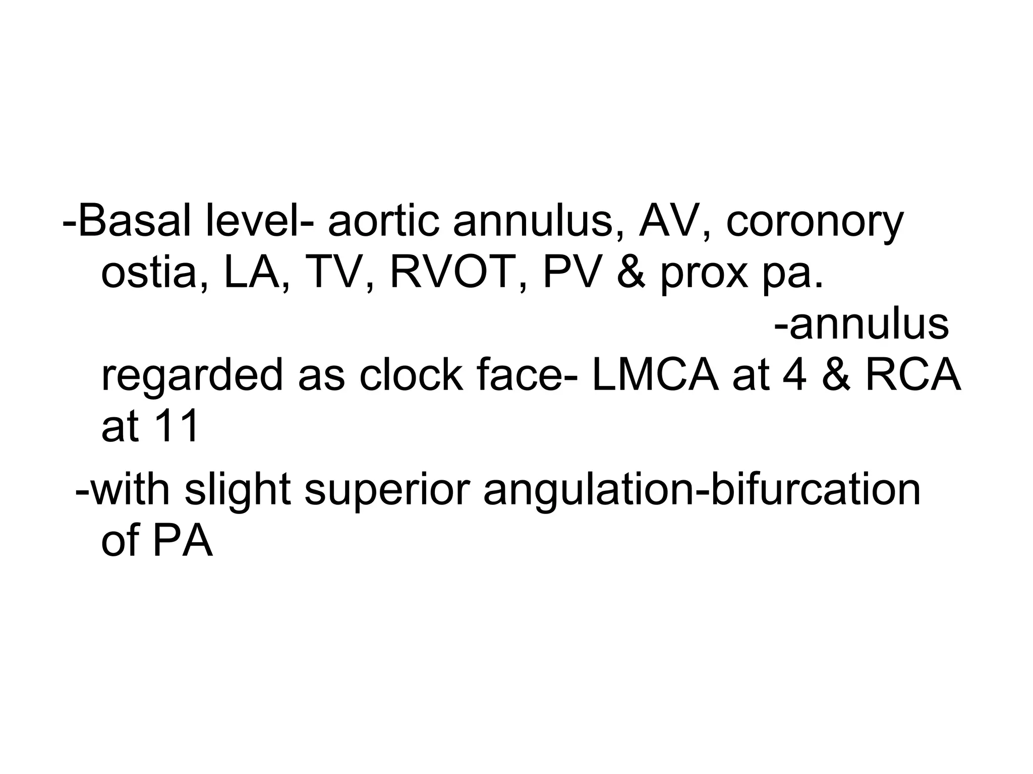 -Basal level- aortic annulus, AV, coronory
ostia, LA, TV, RVOT, PV & prox pa.
-annulus
regarded as clock face- LMCA at 4 & RCA
at 11
-with slight superior angulation-bifurcation
of PA
 