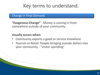 “Exogenous Change” - Money is coming in from
somewhere outside of your community.
Usually occurs when:
• Community exports a good or service elsewhere
• Tourism or Retail: People bringing outside dollars into
your community - “visitor spending”
Change in Final Demand
Key terms to understand.
14
Key terms to understand.
 