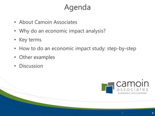 2
Agenda
• About Camoin Associates
• Why do an economic impact analysis?
• Key terms
• How to do an economic impact study: step-by-step
• Other examples
• Discussion
2
 