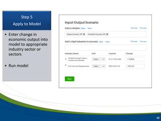 Step 5
Apply to Model
• Enter change in
economic output into
model to appropriate
industry sector or
sectors
• Run model
23
 