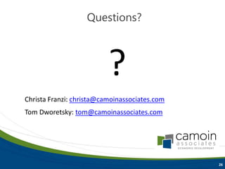 ?
Christa Franzi: christa@camoinassociates.com
Tom Dworetsky: tom@camoinassociates.com
Questions?
26
 