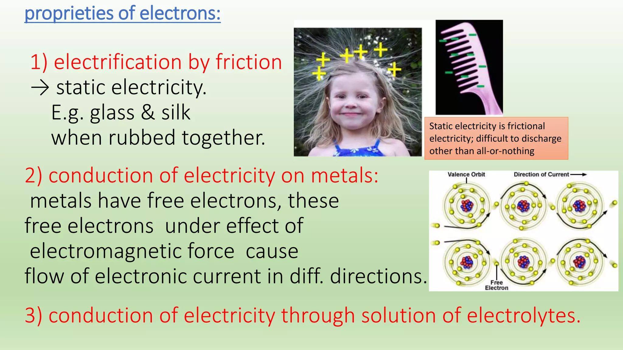 proprieties of electrons: 
1) electrification by friction 
→ static electricity. 
E.g. glass & silk 
Static electricity is frictional 
when rubbed together. 
electricity; difficult to discharge 
other than all-or-nothing 
2) conduction of electricity on metals: 
metals have free electrons, these 
free electrons under effect of 
electromagnetic force cause 
flow of electronic current in diff. directions. 
3) conduction of electricity through solution of electrolytes. 
 