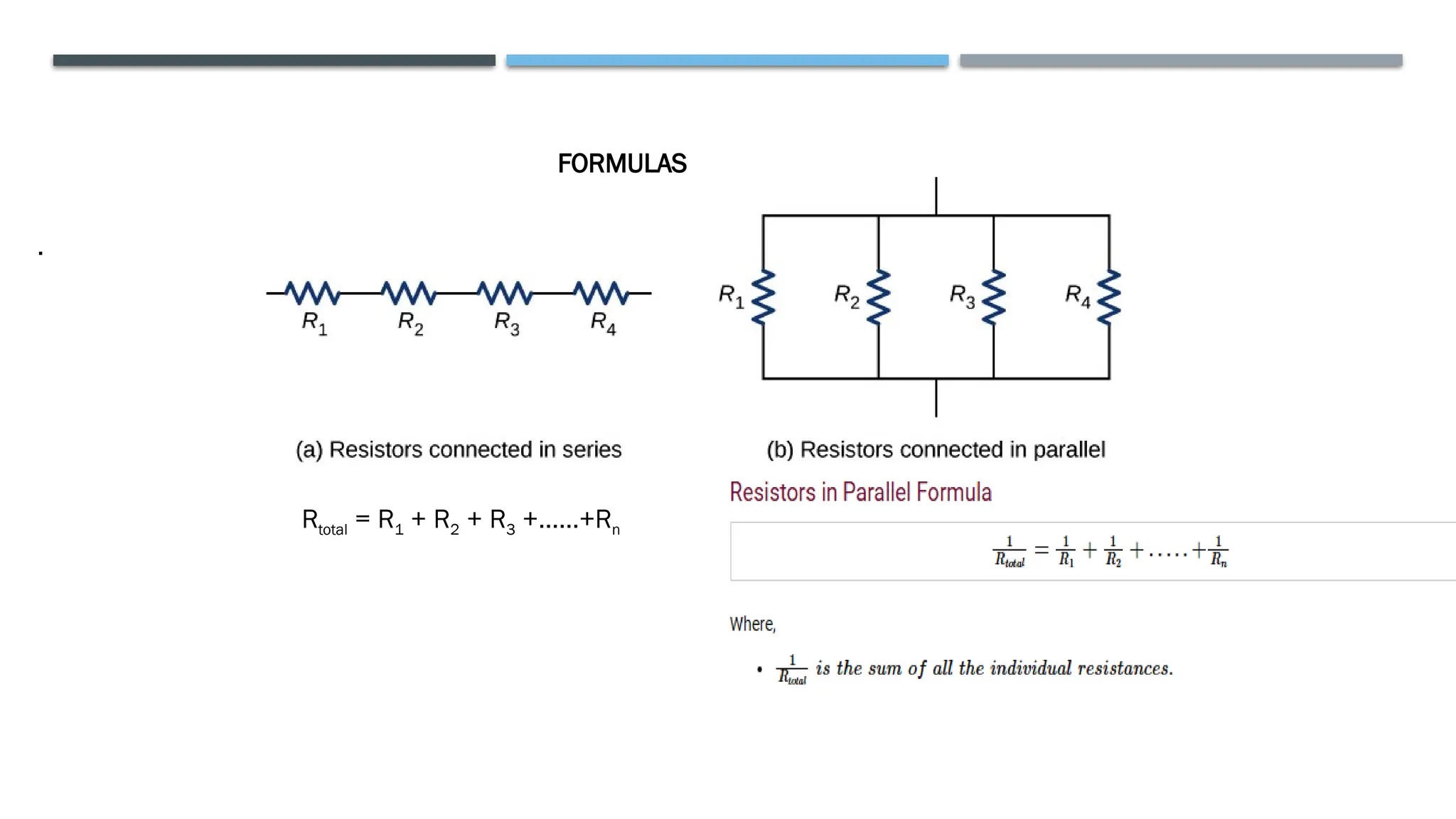 .
FORMULAS
Rtotal = R1 + R2 + R3 +……+Rn
 