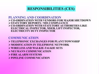 PLANNING AND COORDINATION
CO-ORDINATION WITH VENDORS FOR MAJOR SHUTDOWN
STATUTORY REPORTS / MIS COMPLIANCE
CO-ORDINATION WITH STATUTORY AUTHORITIES LIKE
ELECTRICAL INSPECTOR, MSEB, LIFT INSPECTOR,
ELECTRICITY DUTY INSPECTOR
COMMUNICATION
TELEPHONIC EXCHANGES FOR PLANT/TOWNSHIP
MODIFICATION IN TELEPHONE NETWORK
WIRELESS AND WALKIE-TALKIE SETS
NEUMANN COMMUNICATION
FIRE ALARM SYSTEMS
PIPELINE COMMUNICATION
RESPONSIBILITIES (CES)
 