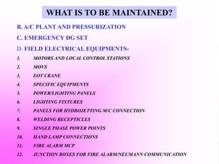 B. A/C PLANT AND PRESSURIZATION
C. EMERGENCY DG SET
D. FIELD ELECTRICAL EQUIPMENTS-
1. MOTORS AND LOCAL CONTROL STATIONS
2. MOVS
3. EOT CRANE
4. SPECIFIC EQUIPMENTS
5. POWER/LIGHTING PANELS
6. LIGHTING FIXTURES
7. PANELS FOR HYDROJETTING M/C CONNECTION
8. WELDING RECEPTICLES
9. SINGLE PHASE POWER POINTS
10. HAND LAMP CONNECTIONS
11. FIRE ALARM MCP
12. JUNCTION BOXES FOR FIRE ALARM/NEUMANN COMMUNICATION
WHAT IS TO BE MAINTAINED?
 