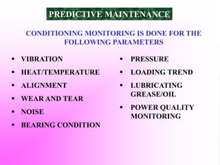 CONDITIONING MONITORING IS DONE FOR THE
FOLLOWING PARAMETERS
 VIBRATION
 HEAT/TEMPERATURE
 ALIGNMENT
 WEAR AND TEAR
 NOISE
 BEARING CONDITION
 PRESSURE
 LOADING TREND
 LUBRICATING
GREASE/OIL
 POWER QUALITY
MONITORING
PREDICTIVE MAINTENANCE
 