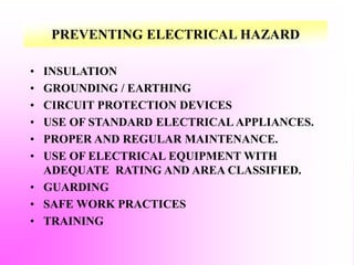 PREVENTING ELECTRICAL HAZARD
• INSULATION
• GROUNDING / EARTHING
• CIRCUIT PROTECTION DEVICES
• USE OF STANDARD ELECTRICAL APPLIANCES.
• PROPER AND REGULAR MAINTENANCE.
• USE OF ELECTRICAL EQUIPMENT WITH
ADEQUATE RATING AND AREA CLASSIFIED.
• GUARDING
• SAFE WORK PRACTICES
• TRAINING
 