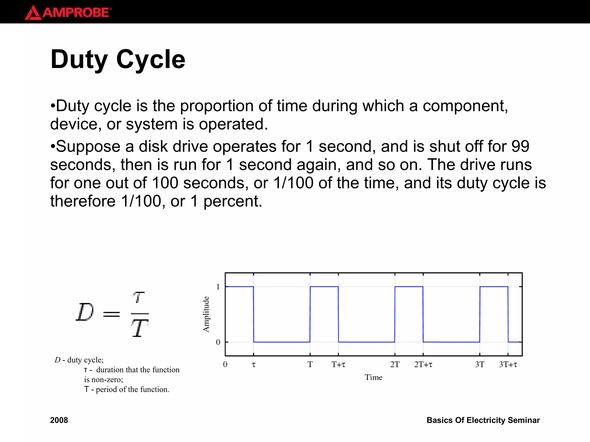 Duty Cycle Duty cycle is the proportion of time during which a component, device, or system is operated.  Suppose a disk drive operates for 1 second, and is shut off for 99 seconds, then is run for 1 second again, and so on. The drive runs for one out of 100 seconds, or 1/100 of the time, and its duty cycle is therefore 1/100, or 1 percent.  D  - duty cycle; τ -  duration that the function is non-zero; Τ - period of the function. 