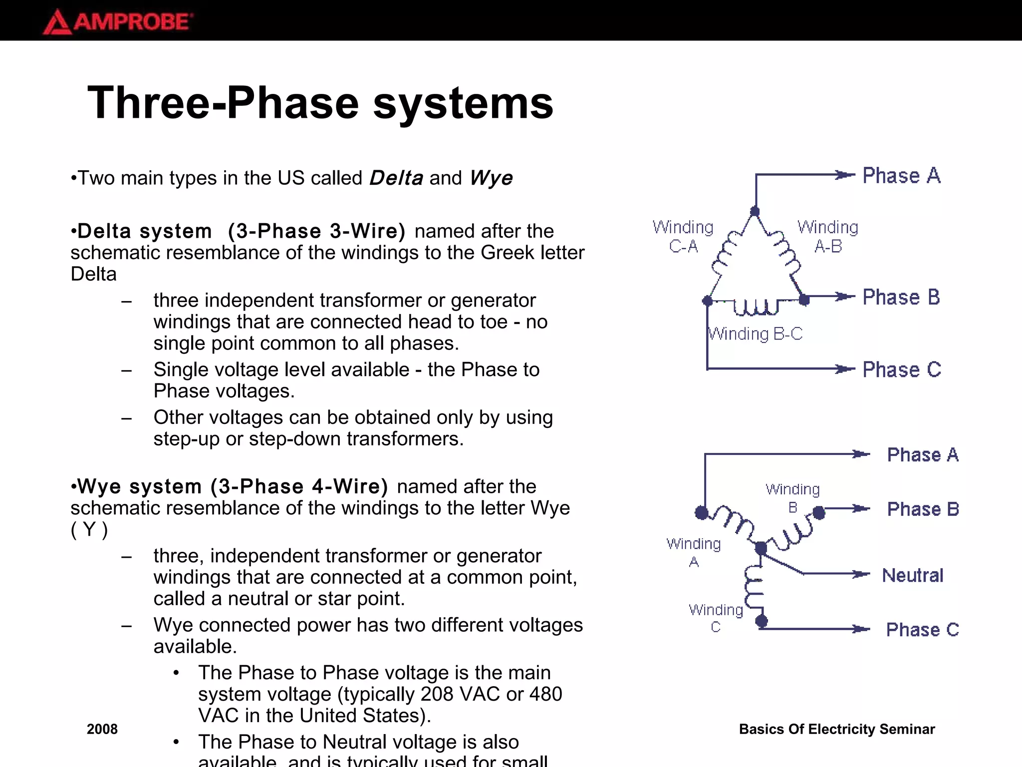 Three-Phase systems Two main types in the US called  Delta  and  Wye   Delta system  (3-Phase 3-Wire)  named after the schematic resemblance of the windings to the Greek letter Delta three independent transformer or generator windings that are connected head to toe - no single point common to all phases. Single voltage level available - the Phase to Phase voltages.  Other voltages can be obtained only by using step-up or step-down transformers. Wye system (3-Phase 4-Wire)  named after the schematic resemblance of the windings to the letter Wye ( Y ) three, independent transformer or generator windings that are connected at a common point, called a neutral or star point.  Wye connected power has two different voltages available.  The Phase to Phase voltage is the main system voltage (typically 208 VAC or 480 VAC in the United States).  The Phase to Neutral voltage is also available, and is typically used for small single phase loads (120 VAC or 277 VAC) 