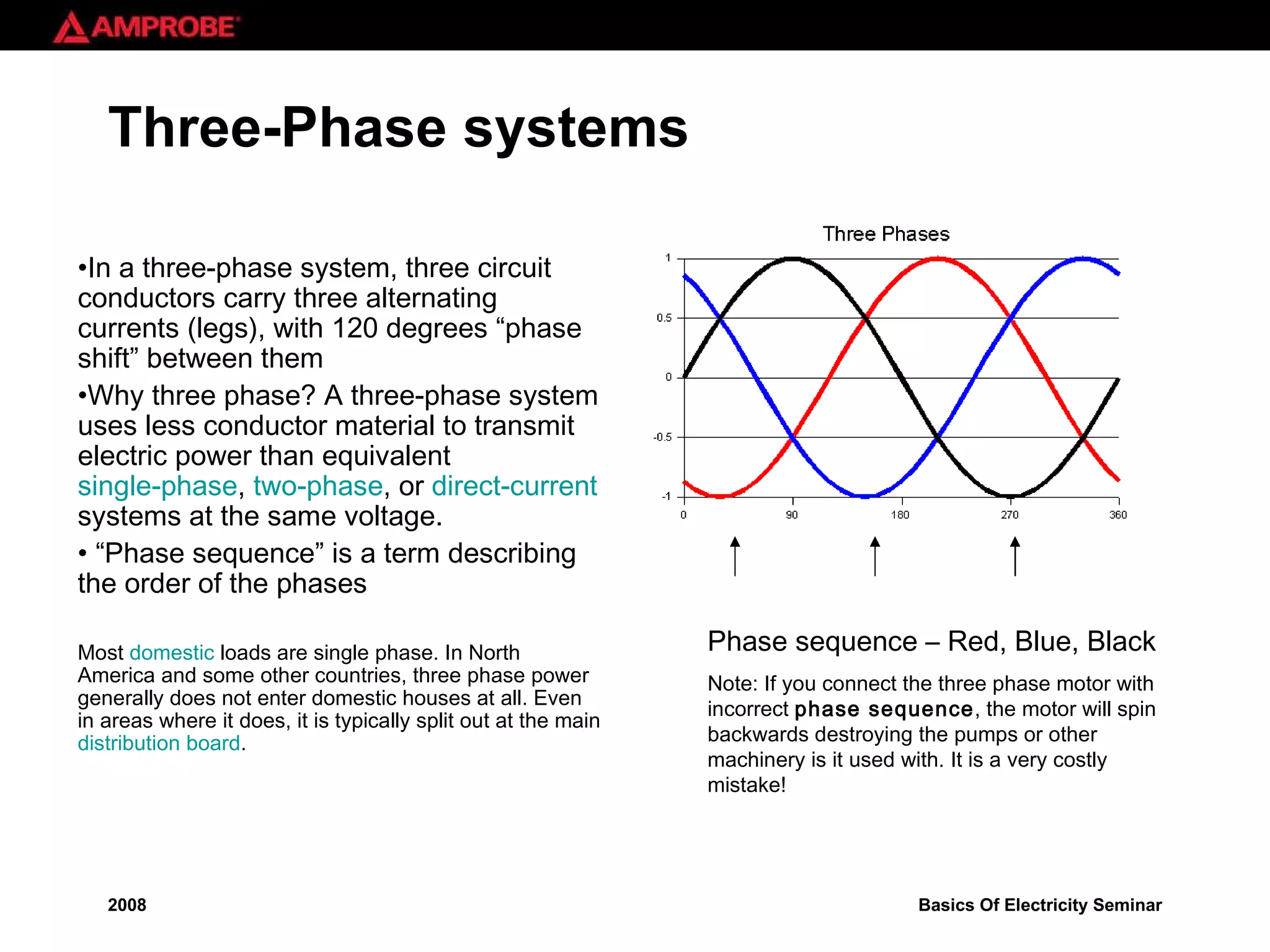 Three-Phase systems In a three-phase system, three circuit conductors carry three alternating currents (legs), with 120 degrees “phase shift” between them Why three phase? A three-phase system uses less conductor material to transmit electric power than equivalent  single-phase ,  two-phase , or  direct-current  systems at the same voltage. “ Phase sequence” is a term describing the order of the phases Most  domestic  loads are single phase. In North America and some other countries, three phase power generally does not enter domestic houses at all. Even in areas where it does, it is typically split out at the main  distribution board . Phase sequence – Red, Blue, Black Note: If you connect the three phase motor with incorrect  phase sequence , the motor will spin backwards destroying the pumps or other machinery is it used with. It is a very costly mistake! 