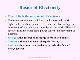Basics of Electricity
• Electricity is the movement of electrons.
• Electrons create charge, which we can harness to do work.
• Light bulb, mobile phone, etc., are all harnessing the
movement of the electrons in order to do work. They all
operate using the same basic power source: the movement of
electrons.
• Voltage is the difference in charge between two points.
• Current is the rate at which charge is flowing.
• Resistance is a material's tendency to resist the flow of
charge (current).
Dheenathayalan.R/ ZRI Enterprises/ Hosur 22
 
