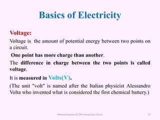 Basics of Electricity
Voltage:
Voltage is the amount of potential energy between two points on
a circuit.
One point has more charge than another.
The difference in charge between the two points is called
voltage.
It is measured in Volts(V).
(The unit "volt" is named after the Italian physicist Alessandro
Volta who invented what is considered the first chemical battery.)
Dheenathayalan.R/ ZRI Enterprises/ Hosur 23
 