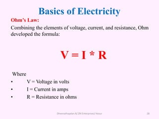 Basics of Electricity
Ohm’s Law:
Combining the elements of voltage, current, and resistance, Ohm
developed the formula:
V = I * R
Where
• V = Voltage in volts
• I = Current in amps
• R = Resistance in ohms
Dheenathayalan.R/ ZRI Enterprises/ Hosur 28
 