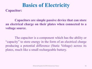 Basics of Electricity
Capacitor:
Capacitors are simple passive device that can store
an electrical charge on their plates when connected to a
voltage source.
The capacitor is a component which has the ability or
“capacity” to store energy in the form of an electrical charge
producing a potential difference (Static Voltage) across its
plates, much like a small rechargeable battery.
Dheenathayalan.R/ ZRI Enterprises/ Hosur 56
 
