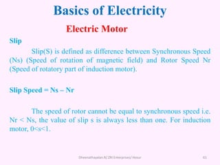 Basics of Electricity
Electric Motor
Slip
Slip(S) is defined as difference between Synchronous Speed
(Ns) (Speed of rotation of magnetic field) and Rotor Speed Nr
(Speed of rotatory part of induction motor).
Slip Speed = Ns – Nr
The speed of rotor cannot be equal to synchronous speed i.e.
Nr < Ns, the value of slip s is always less than one. For induction
motor, 0<s<1.
Dheenathayalan.R/ ZRI Enterprises/ Hosur 61
 