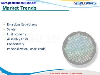 Market Trends Emissions Regulations  Safety  Fuel Economy Assembly Costs  Connectivity  Personalization (smart cards) © 2008 Pantech Solutions™ | All rights reserved 