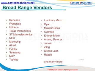 Broad Range Vendors Renesas Freescale Infineon Texas Instruments ST Microelectronics NEC Microchip Atmel Fujitsu Samsung NXP Toshiba © 2008 Pantech Solutions™ | All rights reserved Luminary Micro Cyan Maxim/Dallas Cypress Energy Micro Analog Devices Jennic Zilog Silicon Labs Rabbit …… and many more 