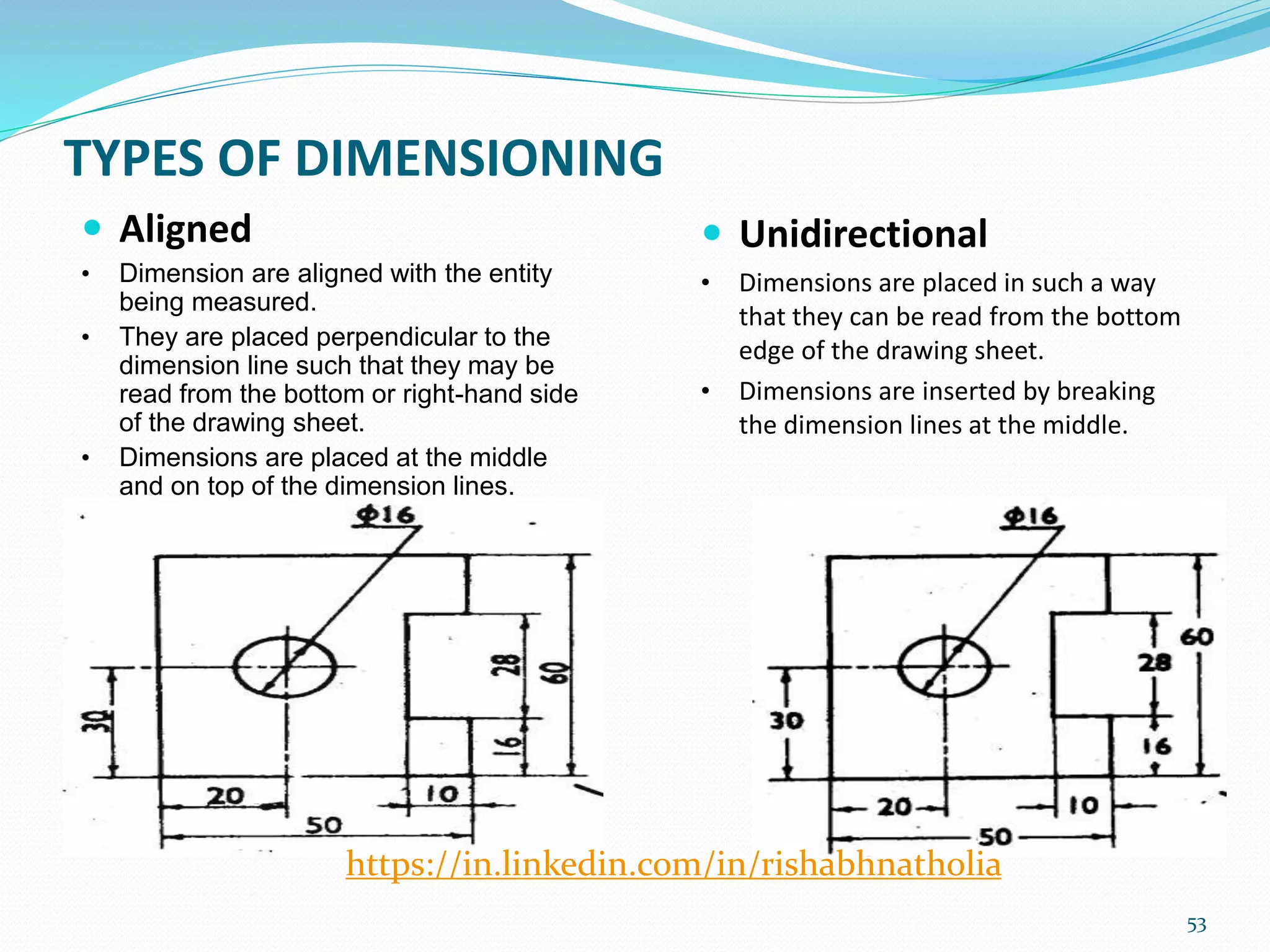 TYPES OF DIMENSIONING
 Aligned
• Dimension are aligned with the entity
being measured.
• They are placed perpendicular to the
dimension line such that they may be
read from the bottom or right-hand side
of the drawing sheet.
• Dimensions are placed at the middle
and on top of the dimension lines.
53
 Unidirectional
• Dimensions are placed in such a way
that they can be read from the bottom
edge of the drawing sheet.
• Dimensions are inserted by breaking
the dimension lines at the middle.
https://in.linkedin.com/in/rishabhnatholia
 