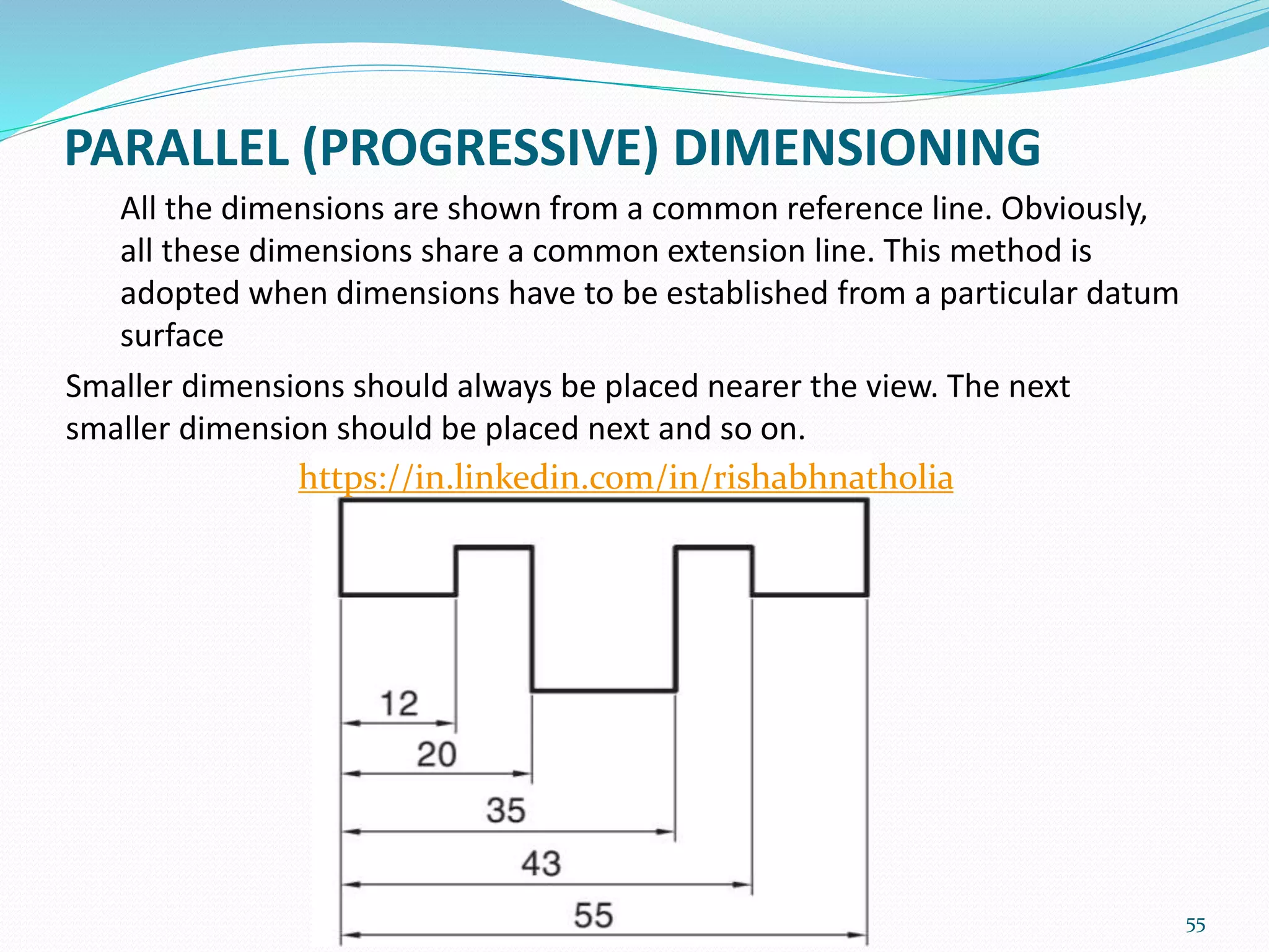 PARALLEL (PROGRESSIVE) DIMENSIONING
All the dimensions are shown from a common reference line. Obviously,
all these dimensions share a common extension line. This method is
adopted when dimensions have to be established from a particular datum
surface
Smaller dimensions should always be placed nearer the view. The next
smaller dimension should be placed next and so on.
55
https://in.linkedin.com/in/rishabhnatholia
 