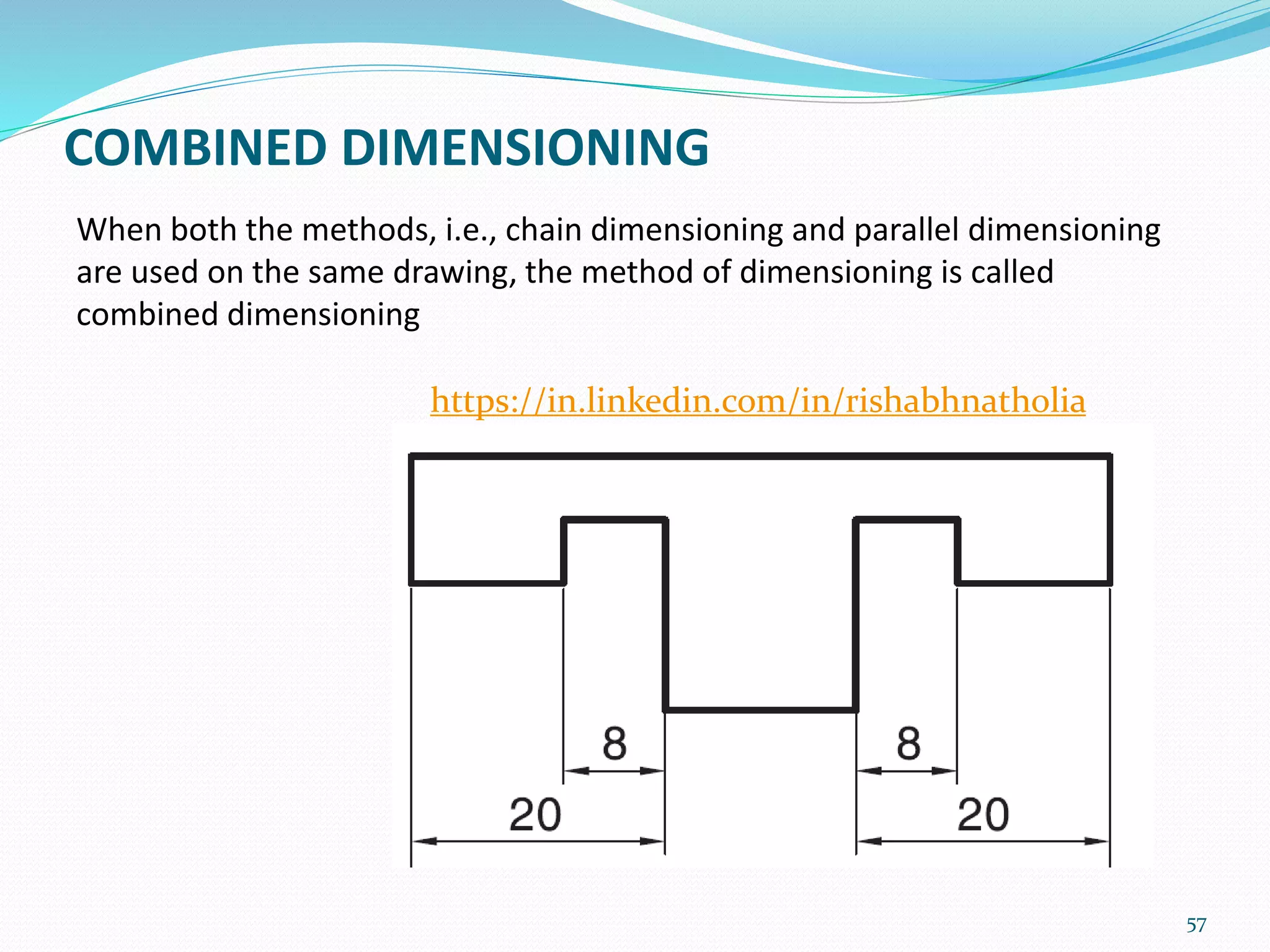 COMBINED DIMENSIONING
When both the methods, i.e., chain dimensioning and parallel dimensioning
are used on the same drawing, the method of dimensioning is called
combined dimensioning
57
https://in.linkedin.com/in/rishabhnatholia
 
