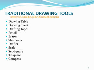 TRADITIONAL DRAWING TOOLS
 Drawing Table
 Drawing Sheet
 Drafting Tape
 Pencil
 Eraser
 Sharpener
 Drafter
 Scale
 Set-Square
 T-Square
 Compass
21
https://in.linkedin.com/in/rishabhnatholia
 