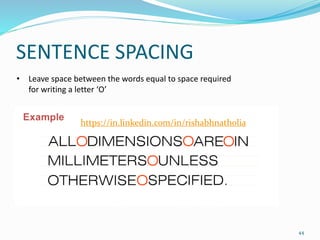 SENTENCE SPACING
44
• Leave space between the words equal to space required
for writing a letter ‘O’
https://in.linkedin.com/in/rishabhnatholia
 